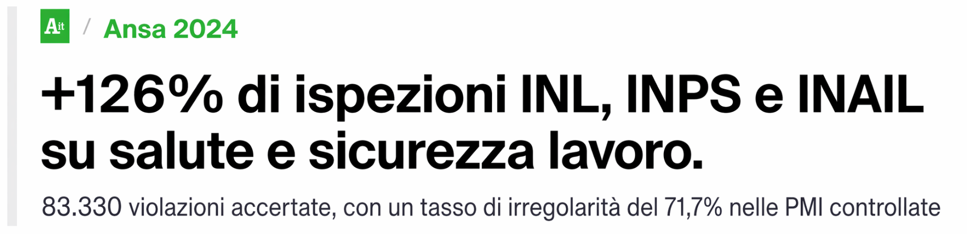 ANSA 2024 — +126% di ispezioni INL, INPS e INAIL su salute e sicurezza lavoro. 83.330 violazioni accertate, tasso di irregolarità del 71,7% nelle PMI controllate.